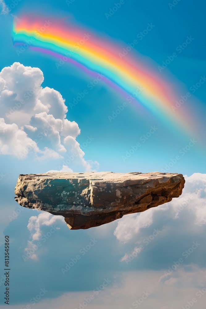 Poster a floating rock platform in the sky with a rainbow and clouds in background
