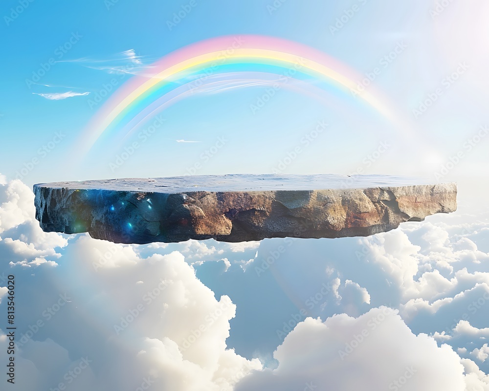 Poster a floating rock platform in the sky with a rainbow and clouds in background