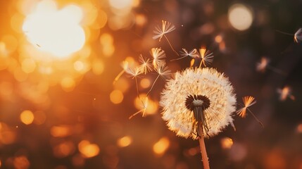Dandelion seeds in the sunlight blowing away. copy space.