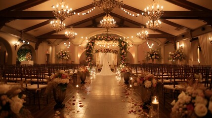 Beautifully decorated wedding venue, with elegant floral arrangements, twinkling lights, and a grand arch for the bride and groom,  exquisite detail and romantic ambiance to  the magic of 