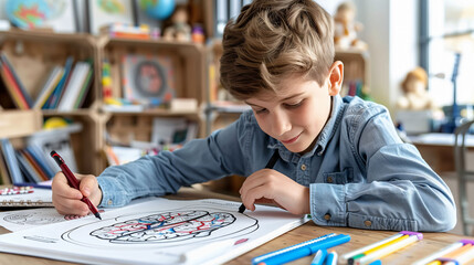 Young boy deeply focused on coloring activity, illustrating moments of hyperfocus in ADHD
