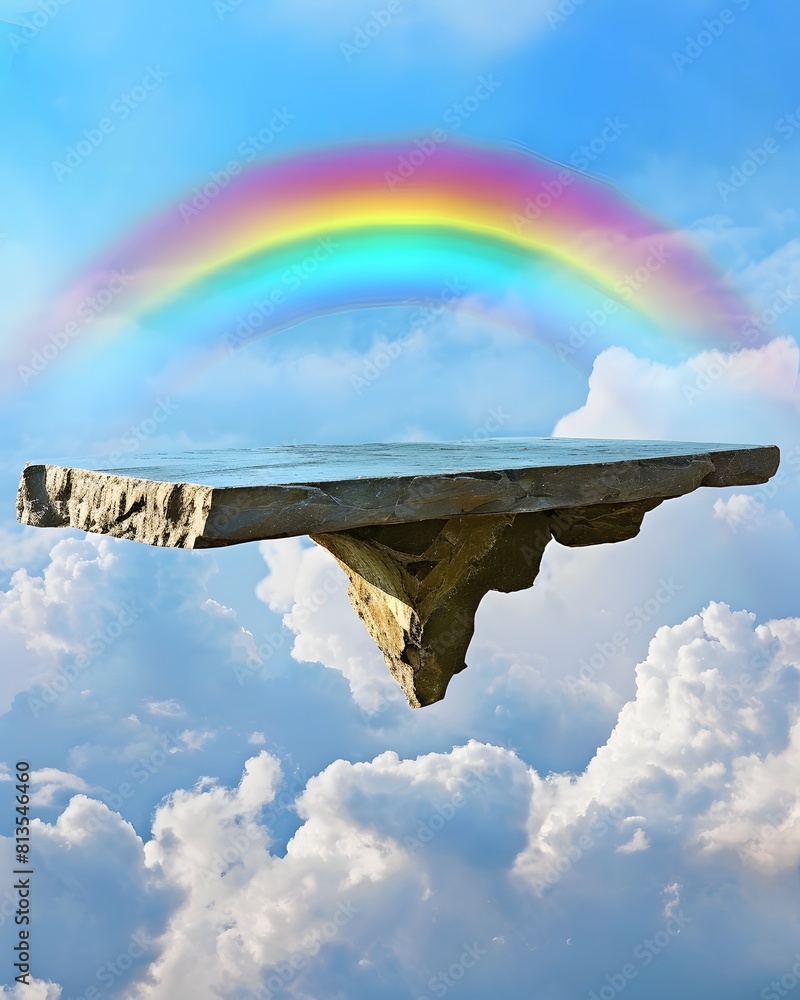 Poster a floating rock platform in the sky with a rainbow and clouds in background
