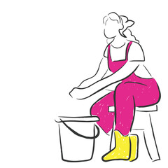 Hand drawn line art vector of a female worker washing something in a bucket
