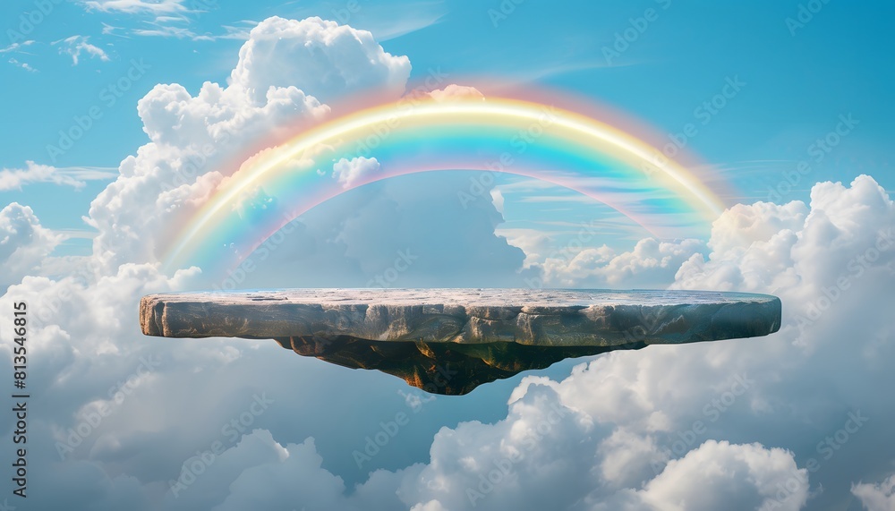 Poster a floating rock platform in the sky with a rainbow and clouds in background