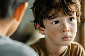 Sad boy being scolded by a parent, depicting childhood discipline and psychological stress
