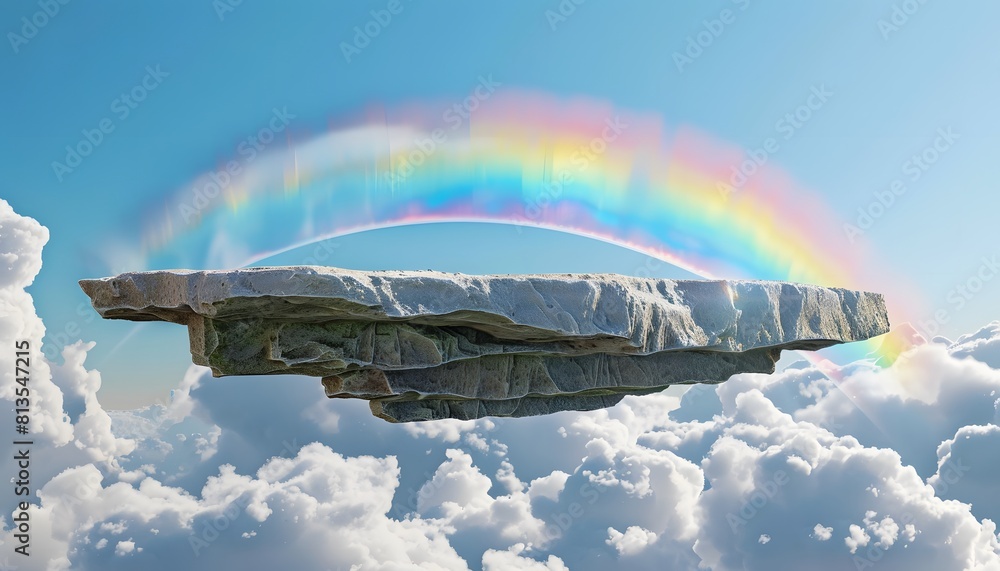 Poster a floating rock platform in the sky with a rainbow and clouds in background