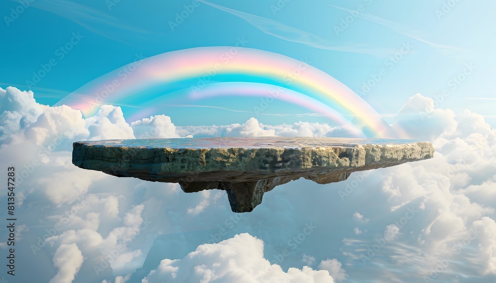 Poster a floating rock platform in the sky with a rainbow and clouds in background