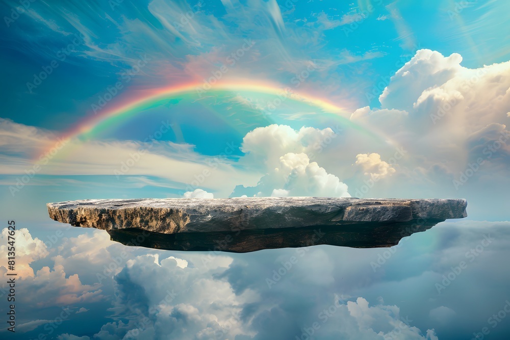Poster a floating rock platform in the sky with a rainbow and clouds in background