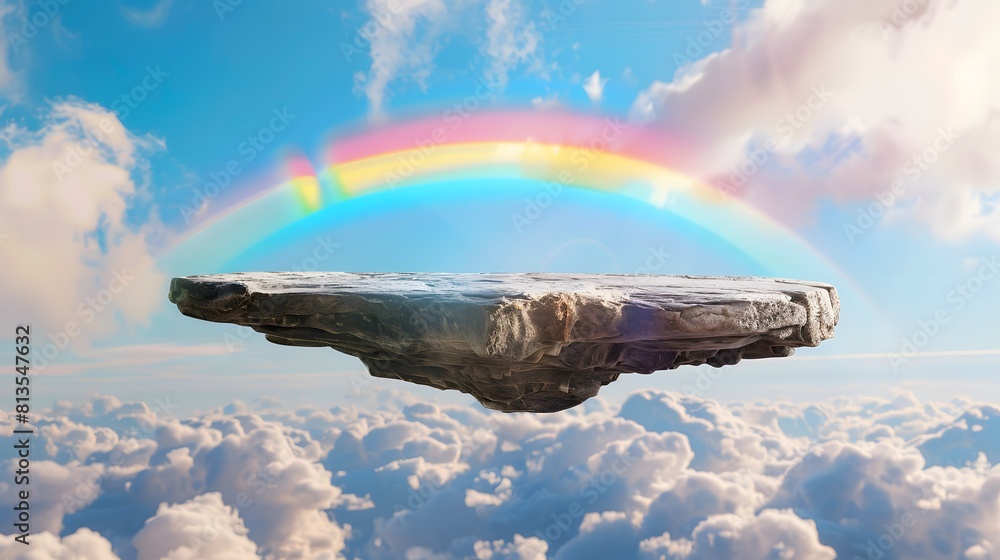 Poster a floating rock platform in the sky with a rainbow and clouds in background