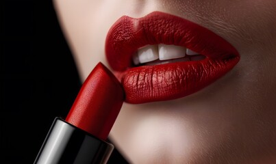 Obraz premium closeup of red lipstick with woman's lips for beauty and cosmetics concept , Generative AI