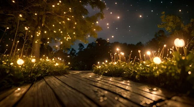 A dreamy setting of ling lights and sparkling fairy dust in a mystical garden under a velvet night sky