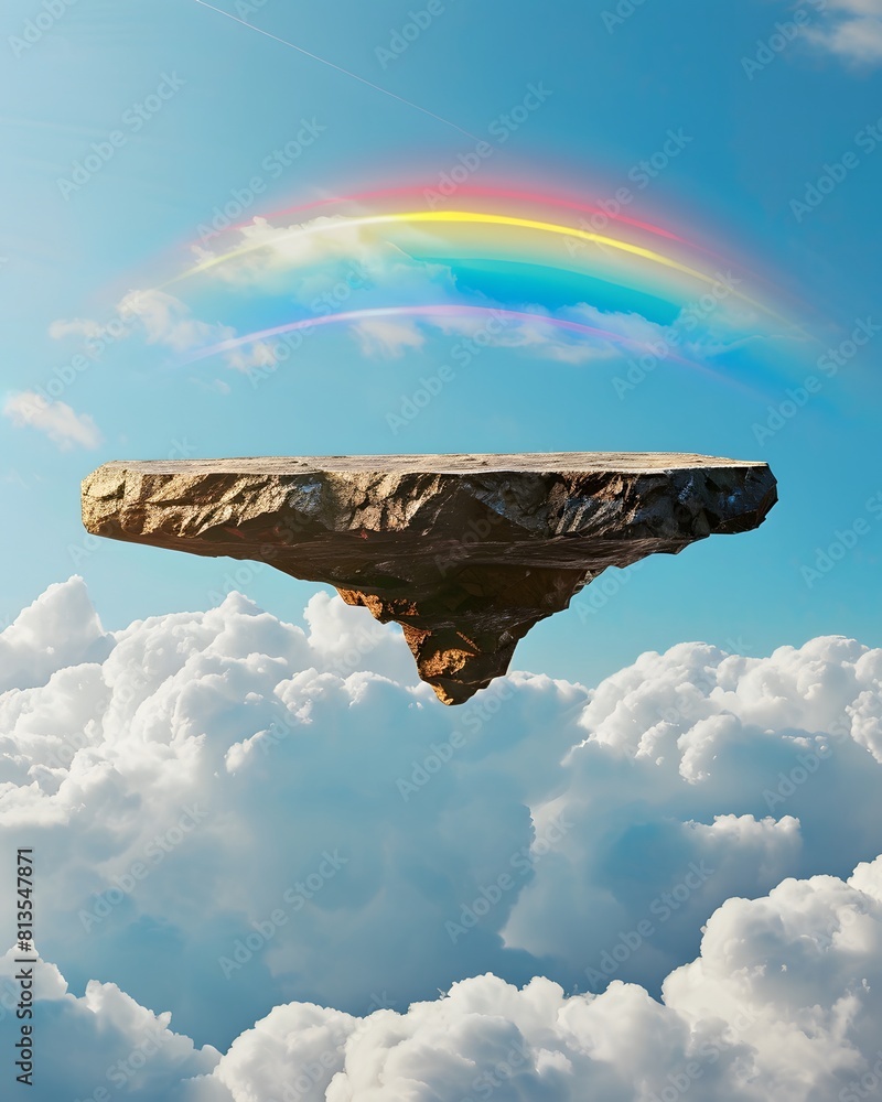 Poster a floating rock platform in the sky with a rainbow and clouds in background