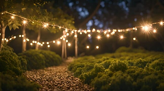 A dreamy setting of ling lights and sparkling fairy dust in a mystical garden under a velvet night sky