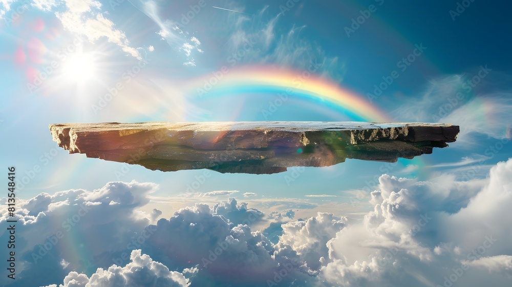 Poster a floating rock platform in the sky with a rainbow and clouds in background