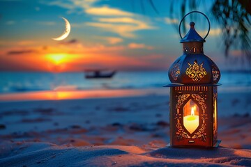 Islamic lantern candle on beach ramadan and eid celebration, Eid Al Adha.