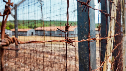 Close-up of rusty barbed wire on a fence against a blurred rural background, evoking concepts of...