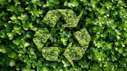 A recycling symbol is surrounded by vibrant green leaves in a nature-inspired design