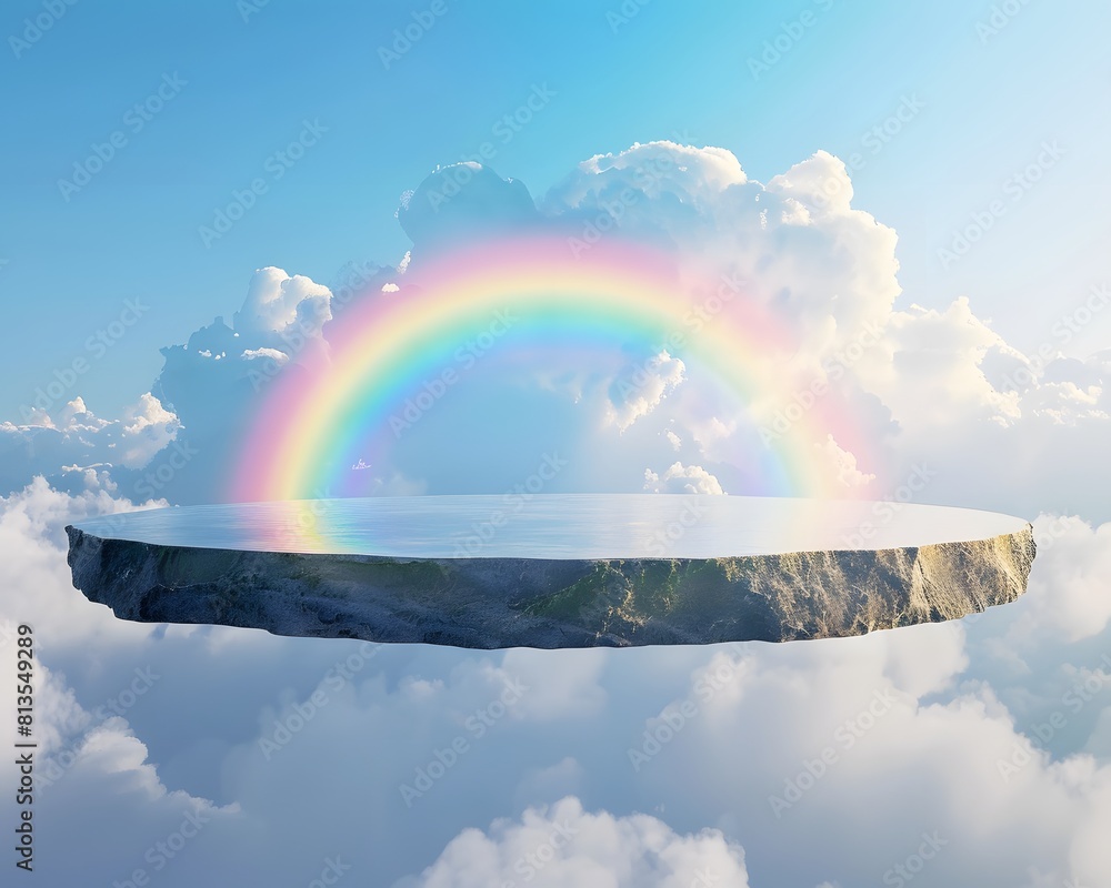 Poster a floating rock platform in the sky with a rainbow and clouds in background