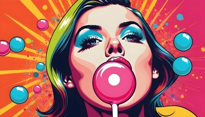 Illustrate a pop art girl blowing bubblegum with c