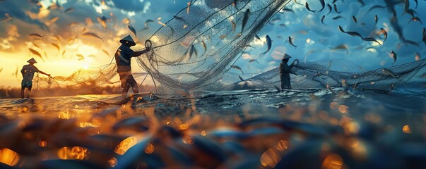 Fishermen at dawn pulling nets filled with fish, highspeed macro style