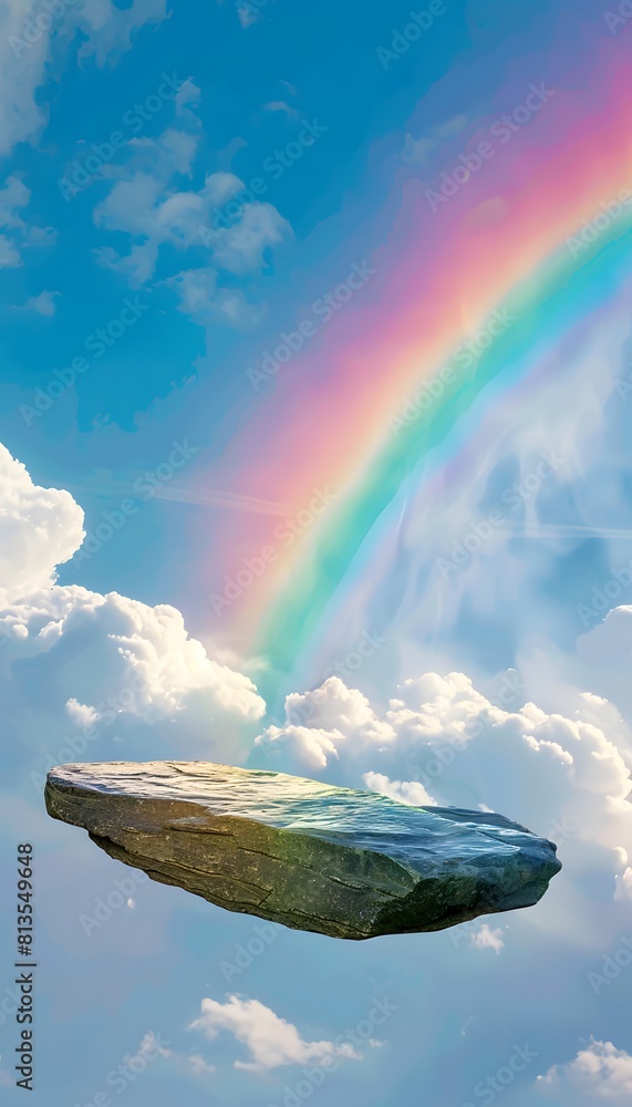 Poster a floating rock platform in the sky with a rainbow and clouds in background