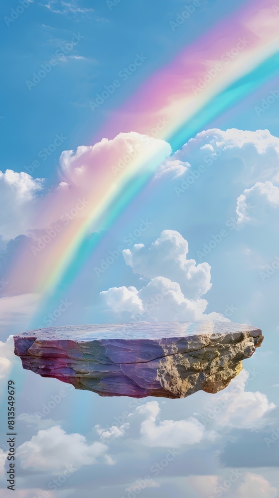 Poster a floating rock platform in the sky with a rainbow and clouds in background