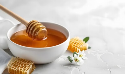 Fototapeta premium fresh honey in white bowl with honeycomb and wooden dipper, Generative AI