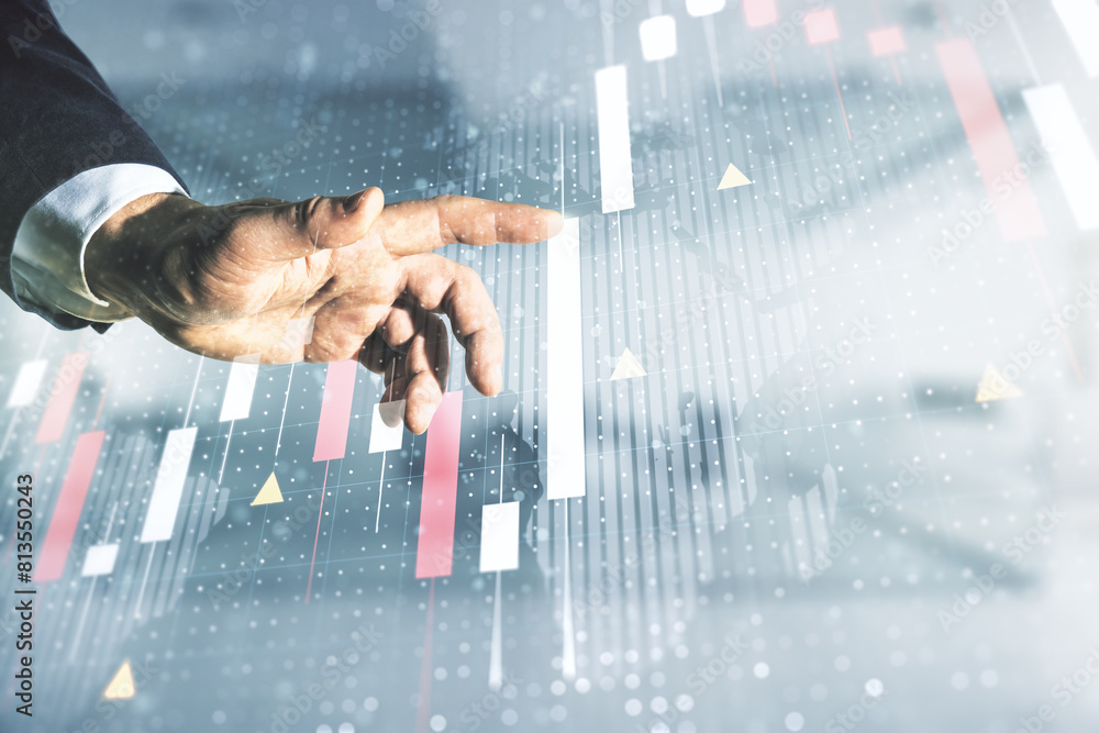 Poster multi exposure of analyst hand clicks on virtual abstract financial graph and world map on blurred o