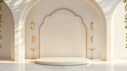 Minimalist empty podium, clean ramadhan ornament background, muslim style.
