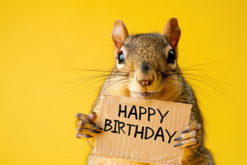 Cute Squirrel Holding a "HAPPY BIRTHDAY" Sign Against a Yellow Background