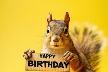 Adorable Squirrel Holding a "HAPPY BIRTHDAY" Sign Against a Yellow Background Copy Space