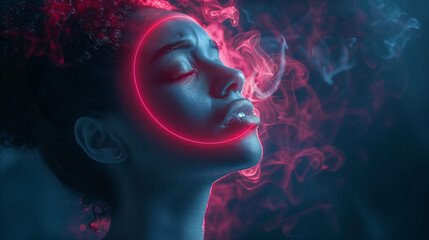 A woman with neon red light outlining her face, symbolizing anxiety and intrusive thoughts. Concept of psychological stress.
