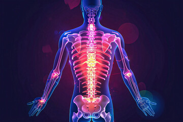Human back anatomy x-ray illustration vector glowing, bone