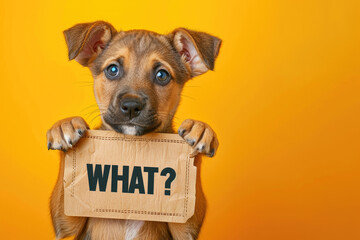  Quizzical Cute Puppy Holding "WHAT?" Sign on Orange Background
