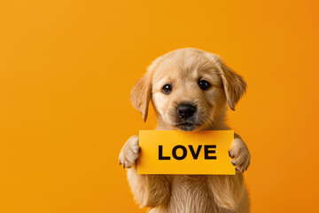 Cute Adorable Golden Puppy Holding "LOVE" Sign on  Orange Background Copy Space