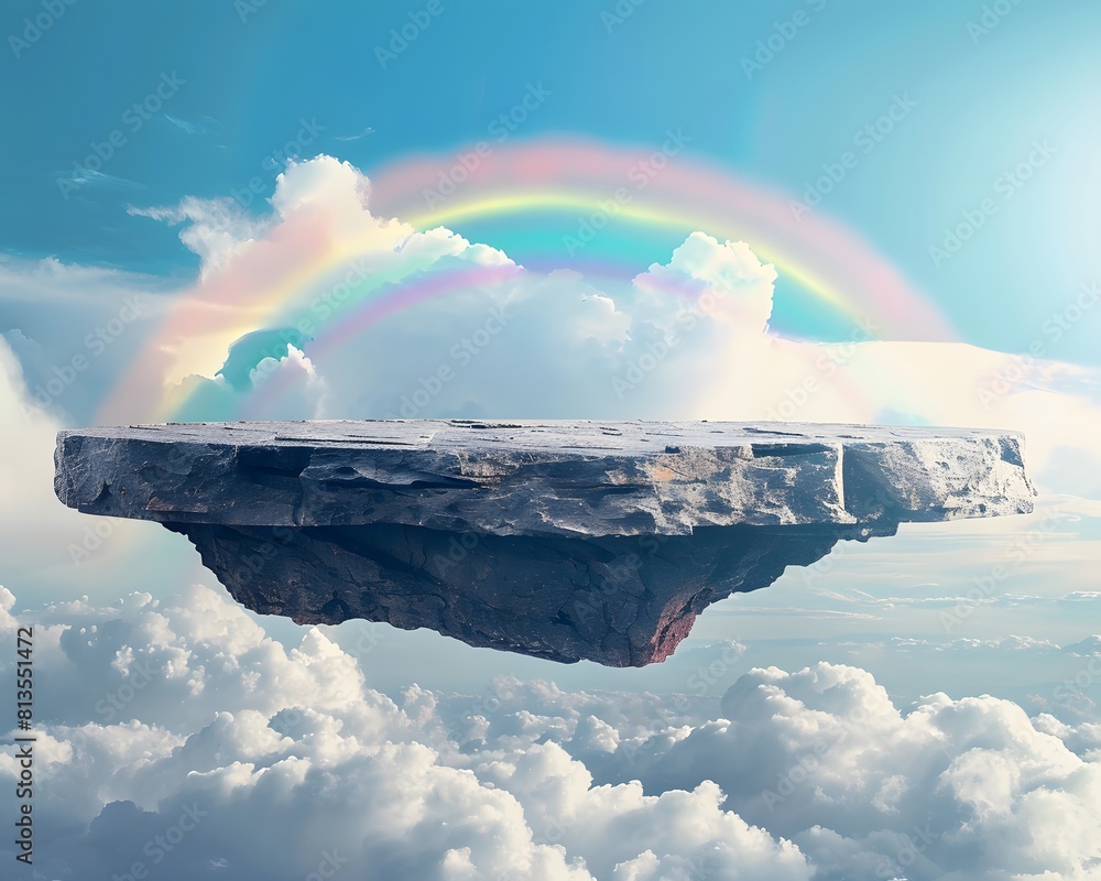 Poster a floating rock platform in the sky with a rainbow and clouds in background