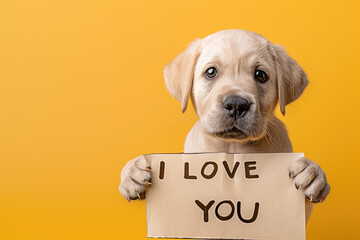 Cute Labrador Puppy Holding "I Love You" Sign Against Yellow Background Copy Space