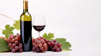 A bottle of wine placed next to a bunch of grapes on a plain white background, copy space