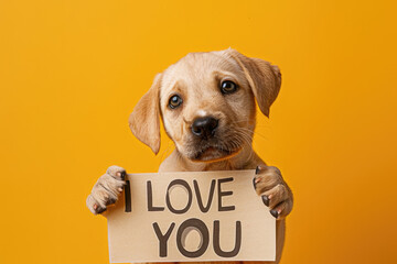 Cute Loving Labrador Puppy Holding "I LOVE YOU" Sign on Yellow Background