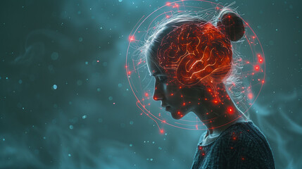 A woman with neural connections around her head, representing PTSD and emotional trauma. Concept of psychological healing.
