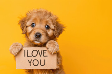  Adorable Puppy Holding "I Love You" Sign on Yellow Background Copy Space