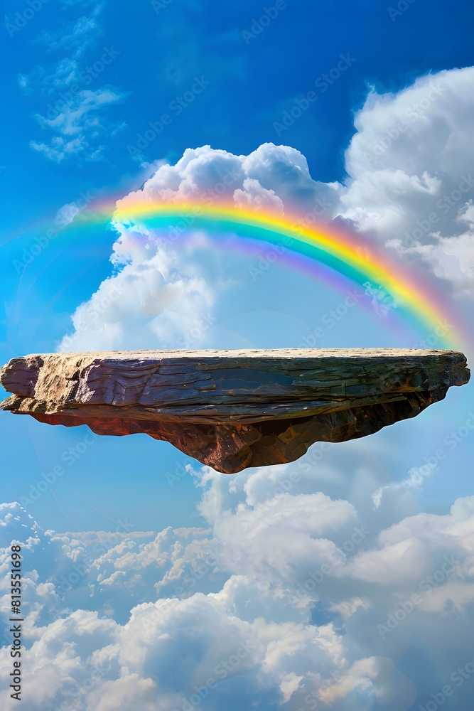 Poster a floating rock platform in the sky with a rainbow and clouds in background