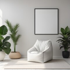 Mockup frame in white living room with a bean bag chair, interior mockup with house background, frame mockup