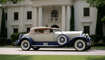 A 1920s duesenberg parked in front of a grand mans