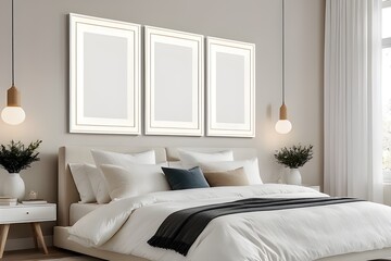 Mockup frame on modern bedroom interior background, home interior mockup, frame mockup
