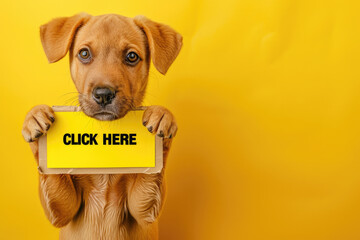 Adorable Expressive Labrador Puppy Holding "CLICK HERE" Sign on Yellow Background Copy Space