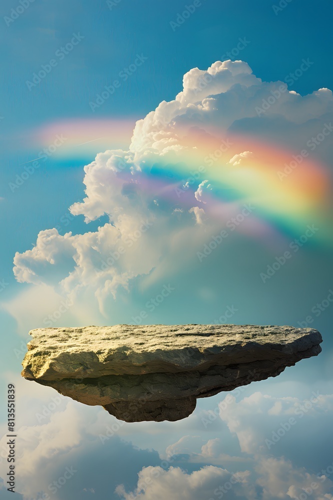 Poster a floating rock platform in the sky with a rainbow and clouds in background