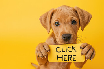 Engaging Adorable Labrador Puppy Holding "CLICK HERE" Sign on Yellow Background