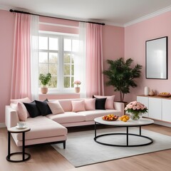 Mockup poster frame on the wall of pink living room, interior mockup design, frame mockup