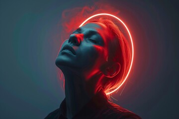 A woman with a neon red halo, symbolizing obsessive-compulsive disorder (OCD) and intrusive thoughts. Concept of mental fixation.
